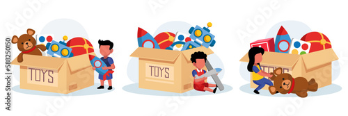 Set of colored charitable toys as donation for kids. Help from humanitarian aid organization. Boxes full of toys for charity. Volunteer social assistance. Vector