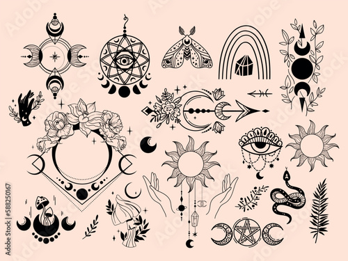 Mystical celestial clipart bundle with cosmic rainbow, moth, arrow symbol, mushroom, withes hands and moon flower and phases, Mysticism and esoteric black white spiritual isolated vector elements