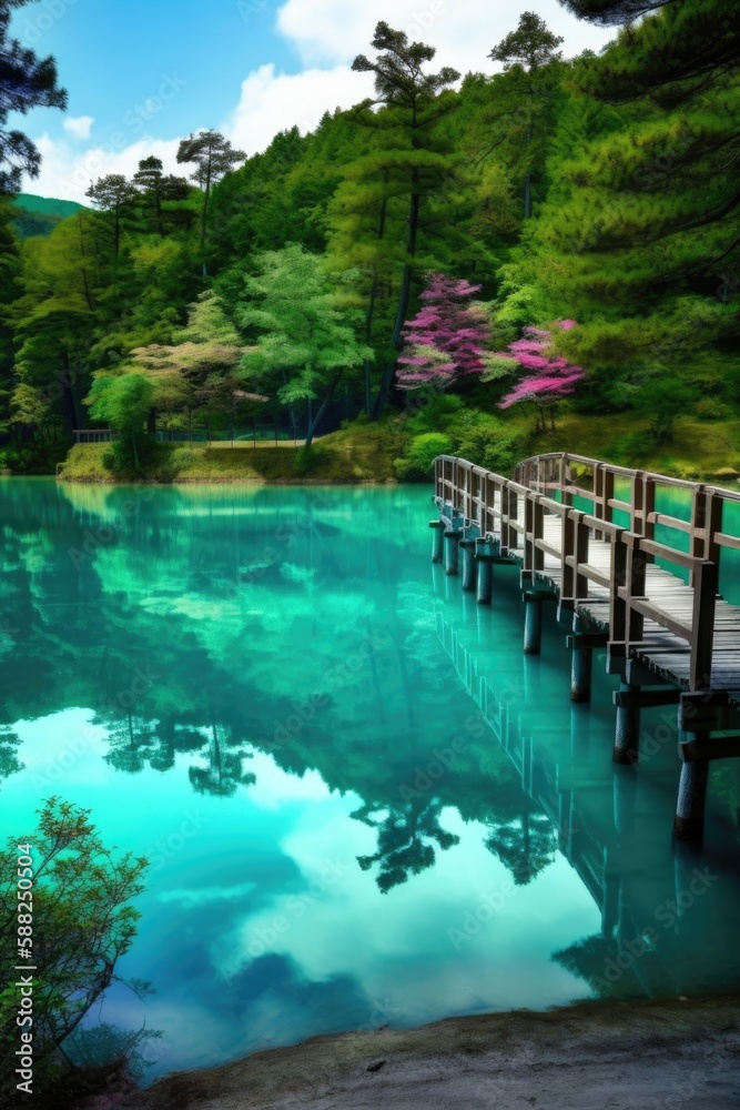 Lake in the forest. AI generated art illustration.