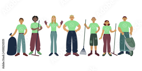 Group of volunteers ready to carry nature. Teamwork to protect and save environment. Ecology caring. Aid and support. Color set vector graphic, flat art collection, cartoon illustration