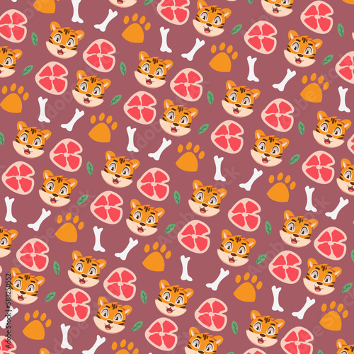 Muzzle of tigers, hand drawn backdrop. Colorful seamless pattern with cute animals. cute Decorative
