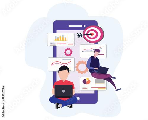 digital marketing concept with people working near a giant smartphone vector © enway