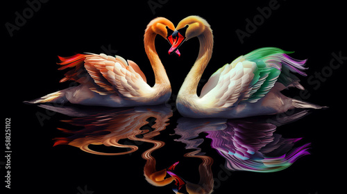 Isolated Colorful Two Swans On Black Background, Generative Ai
