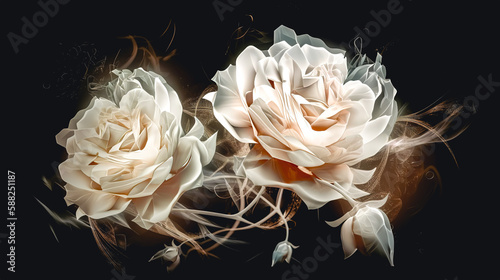 Close-up, white roses on a blurred background, generative AI.