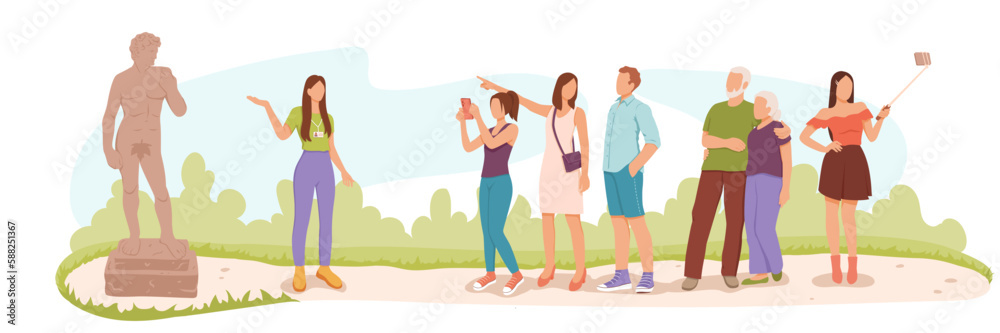 Obraz premium Showing of popular landmarks to touristic group. Girl guide conducting tour, young and old tourists looking antique statue. Discovery, exploration abroad. Voyage impressions. Vector flat illustration