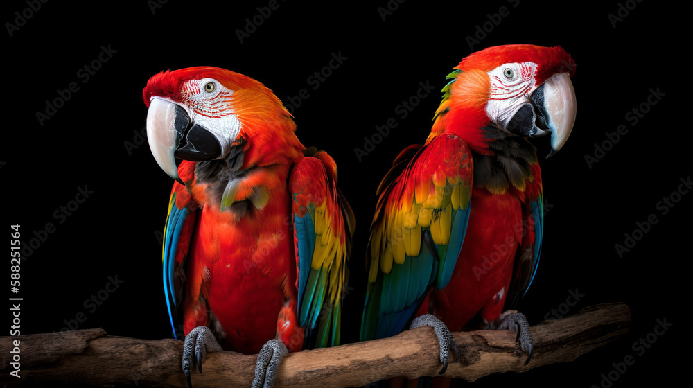Isolated Scarlet Macaw A Colorful Two Parrots On Black Background, Generative Ai