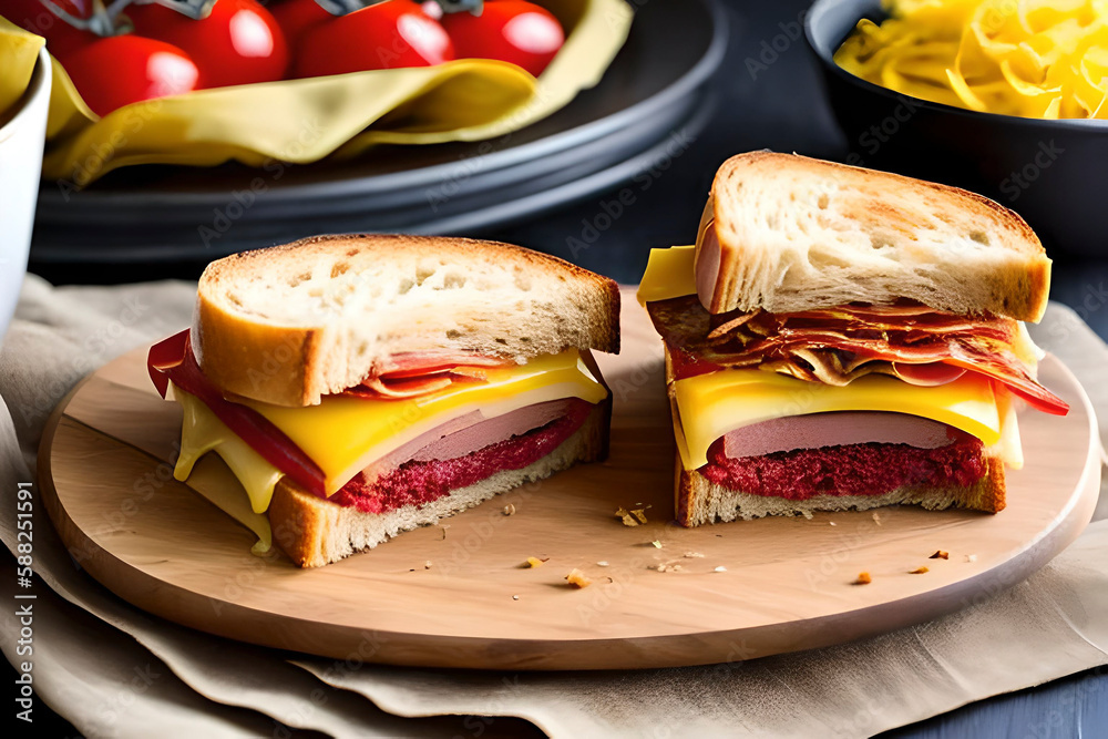 Generative AI image of the bologna or baloney sandwich. Sandwich is two