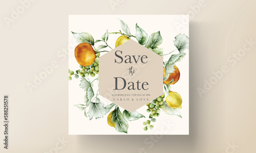 watercolor summer fruits wedding invitation card template