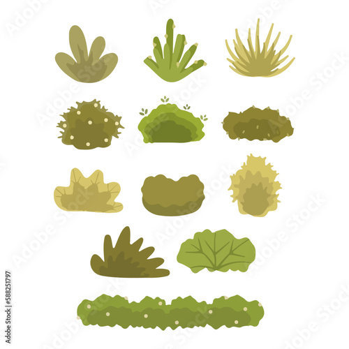 Set of Cute Grass. Hand drawn cartoon plants. Stylized cute bushes. Vector illustration. Isolated natural elements on a white background