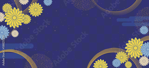 夏の和風デザイン。紺色や藍色の色味が美しい背景。金色のブラシストロークに金箔のあしらい。