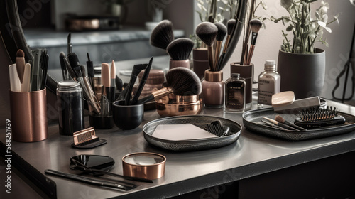 Professional makeup artist workstation with an array of high-end tools and products, including makeup brushes, blending sponges, and a well-lit mirror. Generative AI © piai