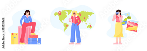 Group of cartoon characters planning their next trip. Using travel equipment and luggage. Visiting sightseeing during summer vacation. People dealing with outbound tourism. Vector