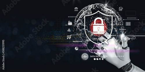 robot touching shield protect icon. Protection network security computer and safe your data concept, lock symbol, concept about security, cybersecurity and protection against dangers.
