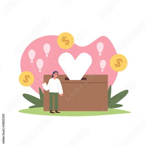 Cartoon character of young man donating money for charity. Volunteer organization representative. Financial aid and support for needy and poor people. Vector