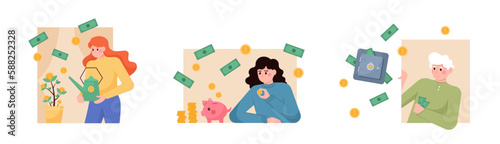 Set of young cartoon characters getting profit or high income. Earning and saving money. Finance management practice. Successful career and high salary. Vector