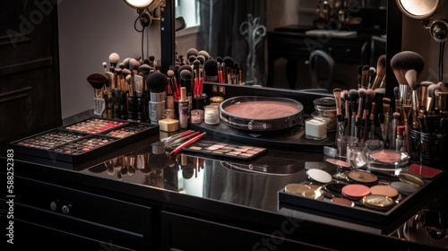 Professional makeup artist workstation with an array of high-end tools and products, including makeup brushes, blending sponges, and a well-lit mirror. Generative AI