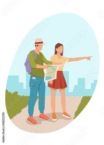 Young couple travelling on vacation. Sightseeing and recreation together. Romantic journey  exploration and recreation. Tourism lifestyle cartoon illustration