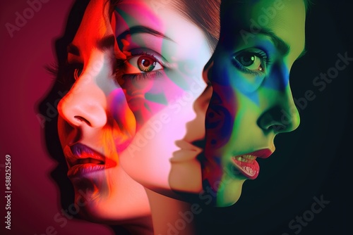 Multiple Personality Day or World Bipolar Day. Multiple fictional faces in profile that intersect, muliple personalities in bright colors, dissociative disorder or splitting in borderline concept.  photo