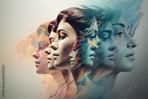 Multiple fictional faces in profile that intersect, muliple personalities in soft colors, dissociative disorder or splitting in borderline concept. Created with generative AI