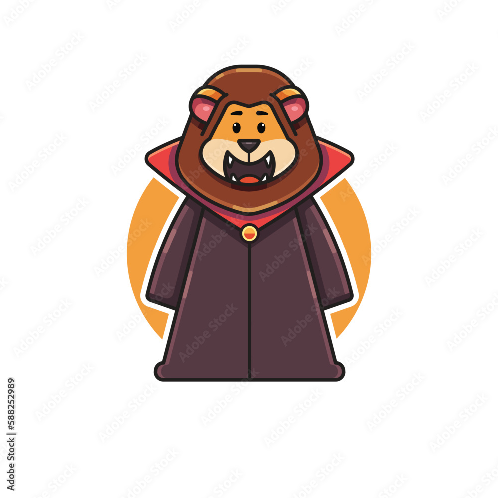 cartoon vector illustration of a cute lion character in a vampire costume, lion mascot logo