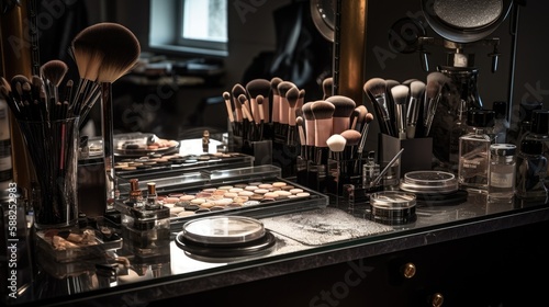 Professional makeup artist workstation with an array of high-end tools and products  including makeup brushes  blending sponges  and a well-lit mirror. Generative AI