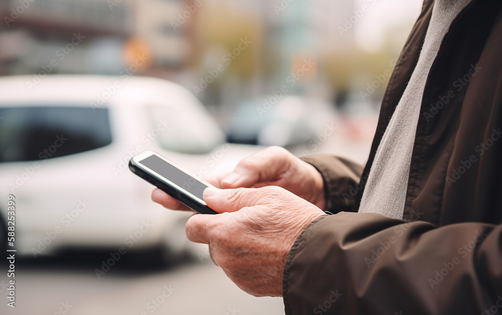 Senior older hands using smart phone on the street as if ordering or waiting for a car service. Generative AI