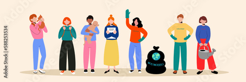 Group of multiracial young volunteers helping people and pets. Cartoon characters from volunteering organization. Humanitarian aid and donations. Social active youth. Vector