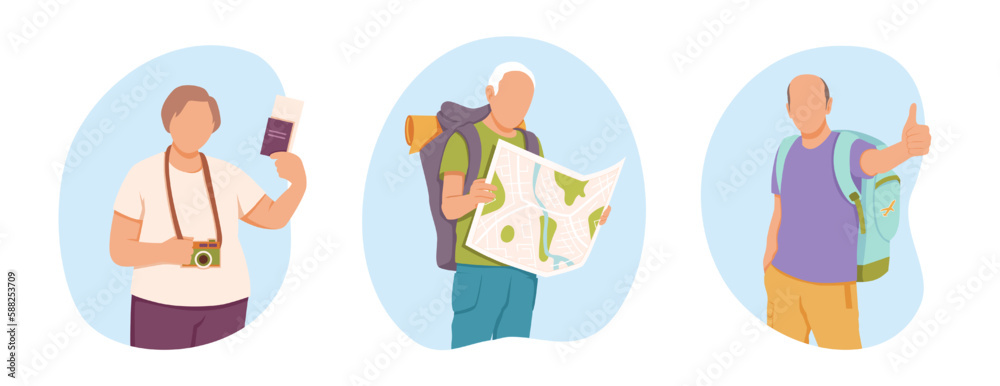 Excited backpackers with map and camera. Persons in journey. Finding right way and positive emotions. Adult people overseas, discovering new places, exciting journey. Vector cartoon illustration set Excited backpackers with map and camera. Persons in journey. Finding right way and positive emotions. Adult people overseas, discovering new places, exciting journey. Vector cartoon illustration set