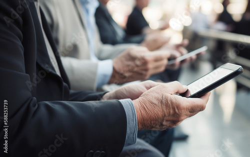 Senior older hands using a smart phone in a seated waiting area like at an airport or train station. Generative AI