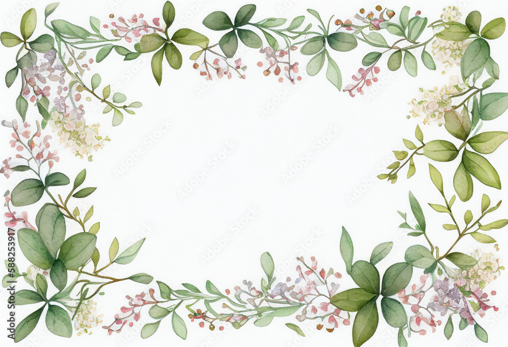 Fototapeta premium Beautiful Watercolor Floral Frame, Copy Space, Generative AI