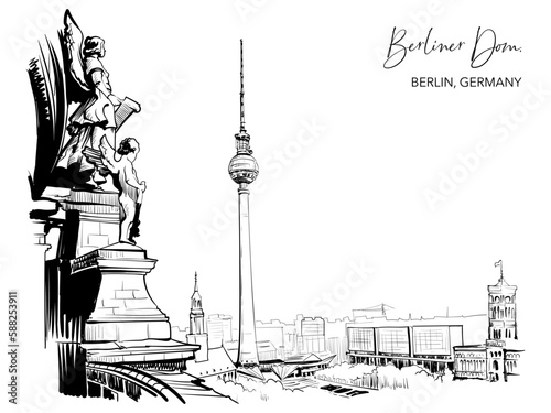 Berlin city center view from the Berlin Cathedral dome. Black line drawing isolated on white background. Eps10 vector illustration.