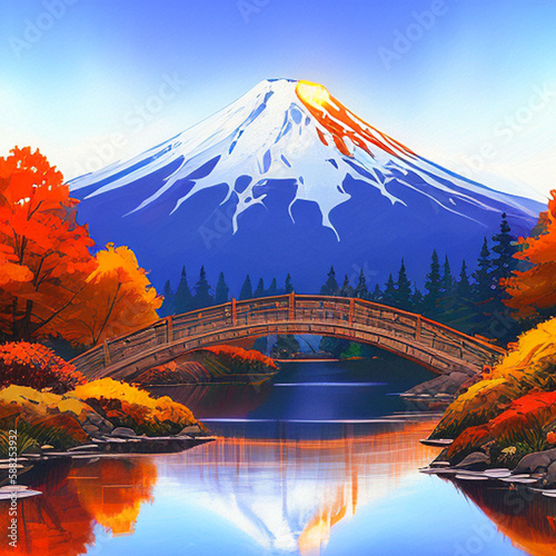 Fuji mountain and bridge in autumn season, Japan. Digital painting. AI generated