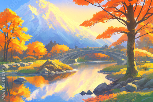 Beautiful autumn landscape with mountains, river and bridge. Digital painting. AI generated