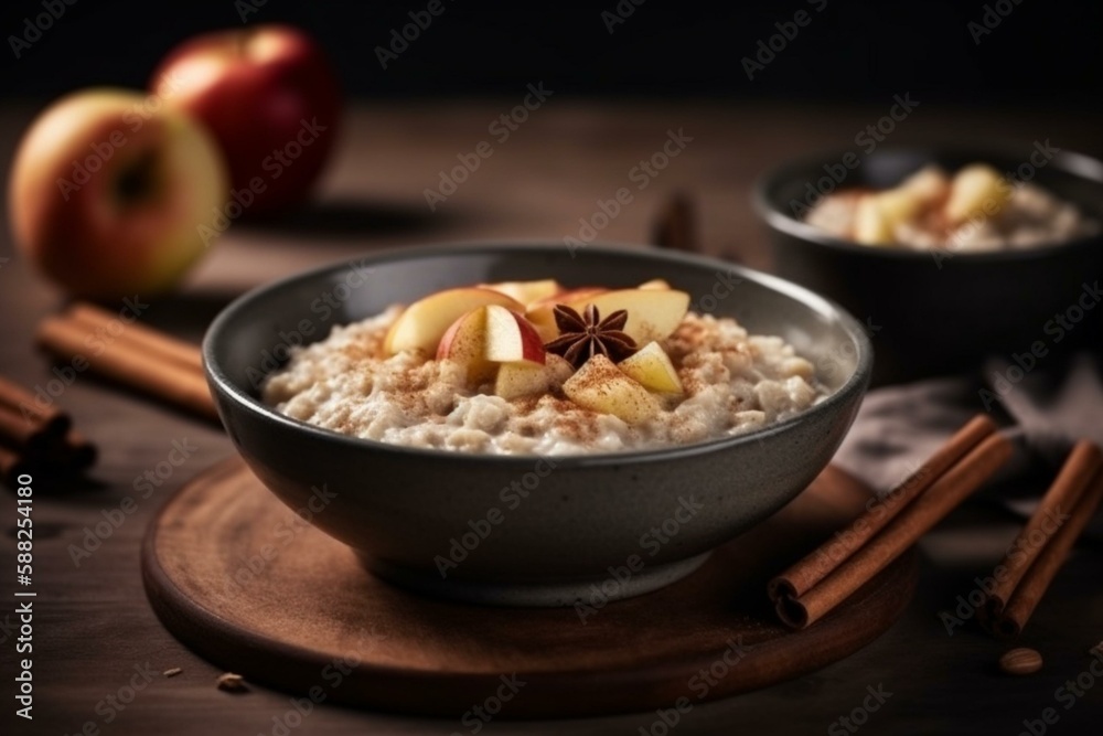 oatmeal with slices of apple and cinnamon, single meal, elegant table Generative AI oatmeal with slices of apple and cinnamon, single meal, elegant table Generative AI