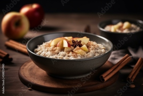 oatmeal with slices of apple and cinnamon, single meal, elegant table Generative AI