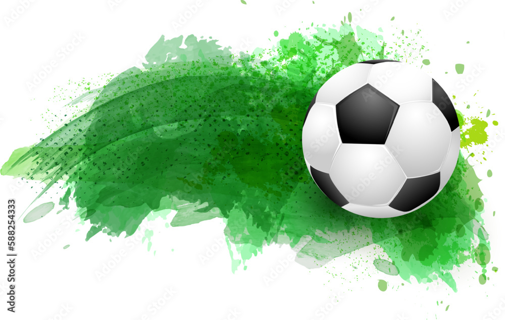 Soccer ball on abstract green background made of paint splashes