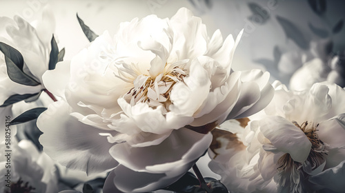 Close-up, blooming white peony flower, generative AI. © puhimec