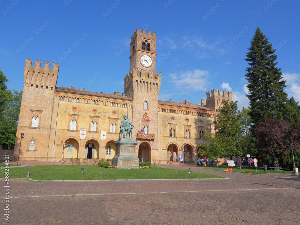 Rocca Pallavicino and the Statue of Giuseppe Verdi, Italian Composer, Parma, Italy