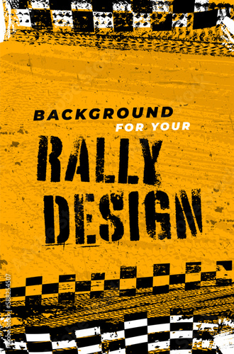 Grungy background with abstract tire tracks and chess flags