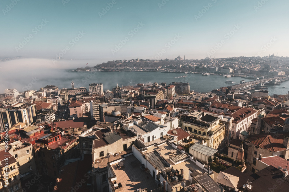 Aerial view of Istanbul from Galata tower, Istanbul panorama from the top with fog over Bosphorus, Istanbul, Turkey