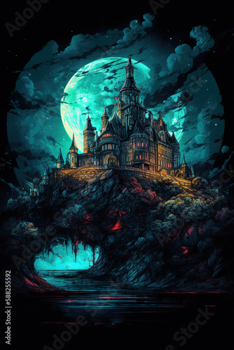 Halloween background with haunted castle and full moon. Fantasy illustration. Generative AI © LAYHONG