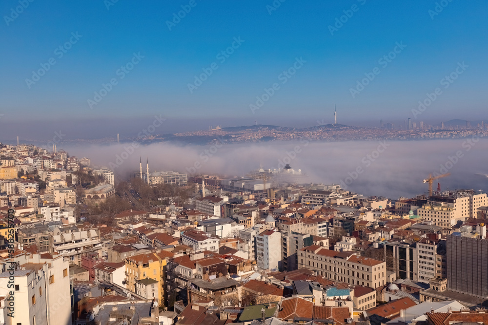 Aerial view of Istanbul from Galata tower, Istanbul panorama from the top with fog over Bosphorus, Istanbul, Turkey