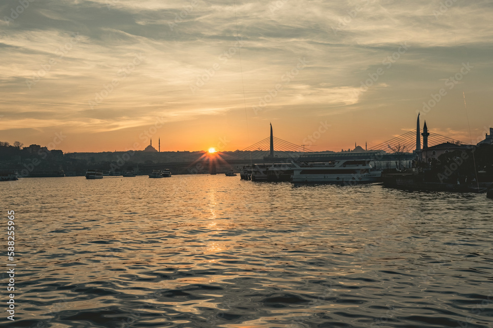 View of Istanbul Bosphorus Bridge at sunset, Istanbul, Turkey