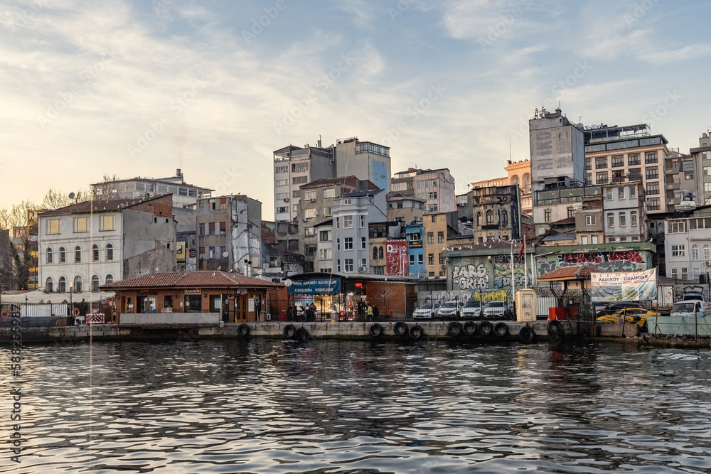 Lane of fish restaurants close to Galata bridge in Istanbul Turkey