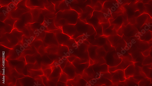 Red color communication and technology network background withm oving lines and dots. Beautiful motion waving dots texture with glowing defocused particles.