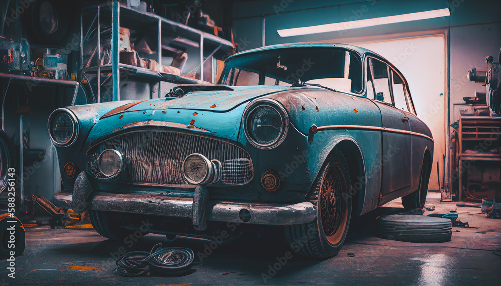 Old car repair garage, cinematic lighting, wallpaper. Vintage car inside the garage