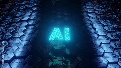 Artificial intelligence concept. AI letters over random moving hexagonal blocks. Machine and deep learning technology. 3d render animation. Seamless loop