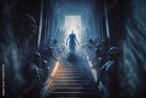 Happy zombies on the Stairway to heaven, into the light, apocalyptic mood, blue and dark tones, Generative AI
