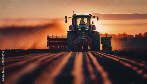 the tractor plows the field against a dramatic sunset © ArtStage
