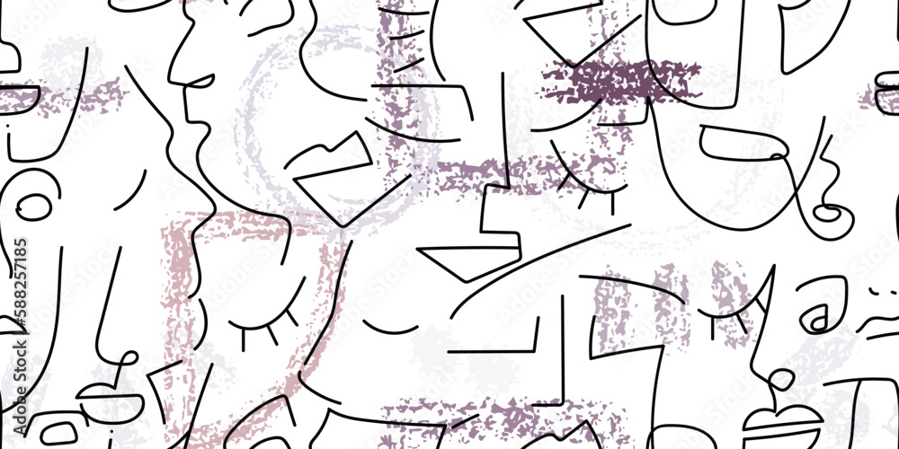 One line drawing. Abstract face seamless pattern. One line drawing. Abstract face seamless pattern.